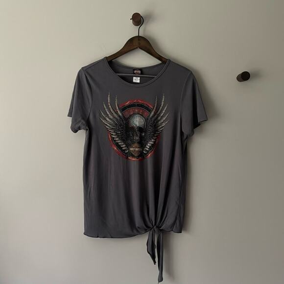 HARLEY DAVIDSON BRANFORD, CT TIE-HEM SHORT SLEEVE SKULL GRAPHIC TEE SIZE LARGE - Picture 1 of 6